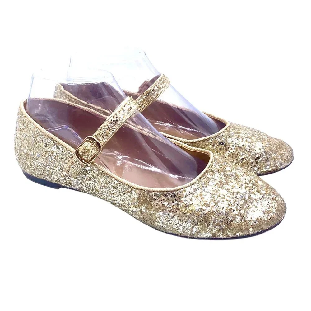 Girls Gold Glittery Ballet Mary Jane Flats Party Shoes Size 5 J. Crew Factory